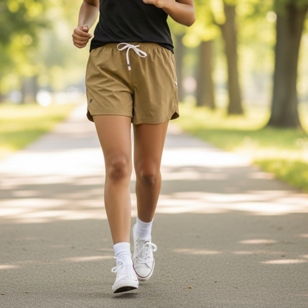 Fabletics Women Tan Khaki Athletic Running Shorts, Zipper Pocket 5 Inch Inseam